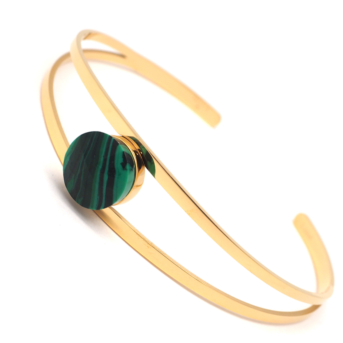 Bracelet créateur Acier \'Boho\' vert malachite doré - 65 mm, 12 mm - [Q2562]