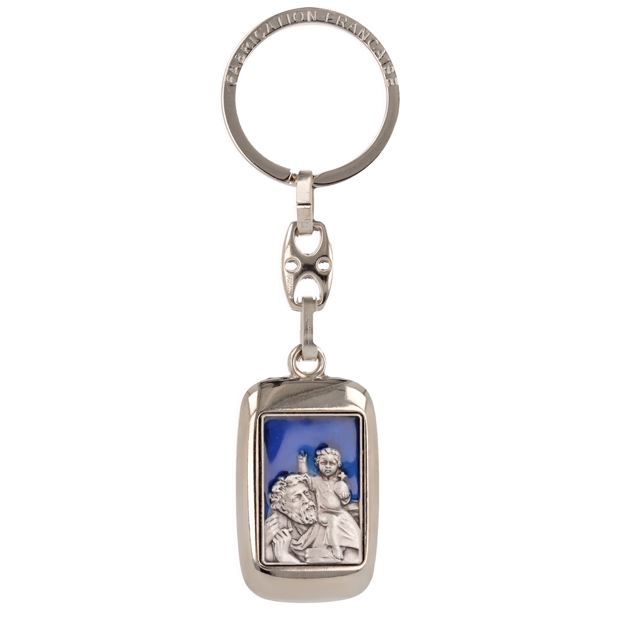 Porte-clés artisanal \'Saint Christophe\' bleu argenté - 38x25 mm - [Q4570]