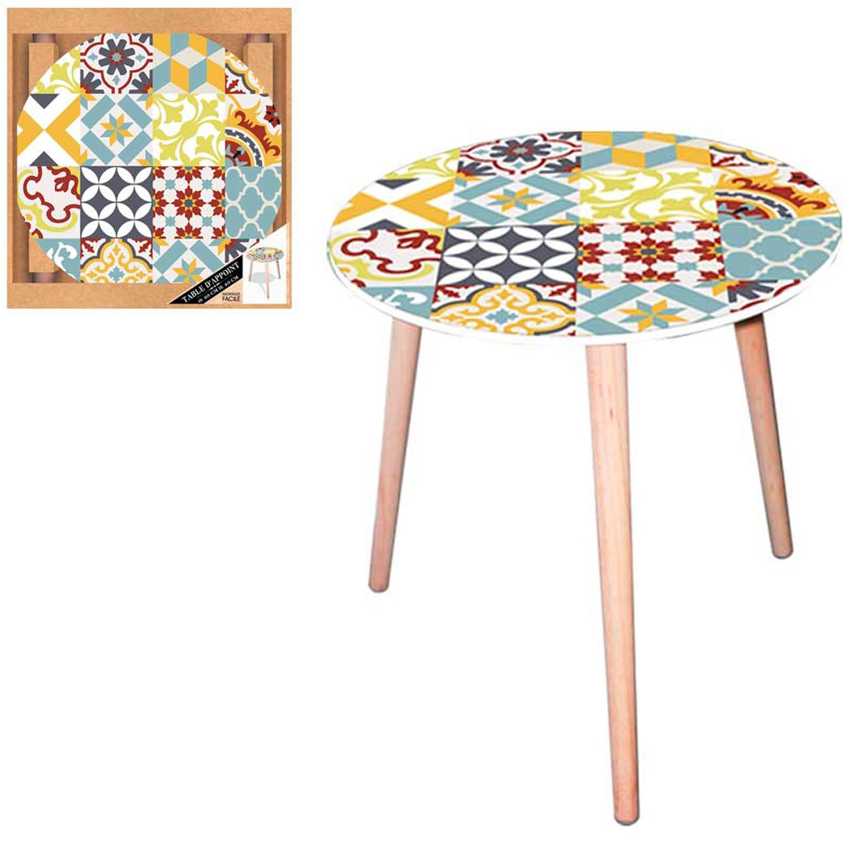 Table ronde bois \'Boho\' multicolore (carreaux de mosaïque) - 40 cm - [Q5145]