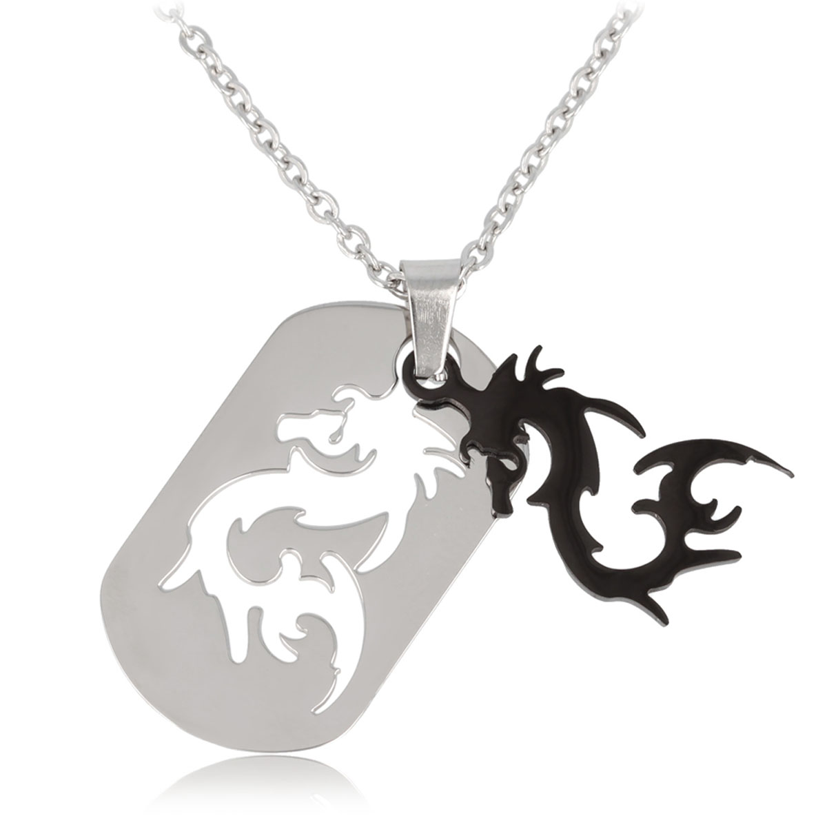Collier acier \'Dragon\' noir / argenté - 32x19 mm - [Q7365]
