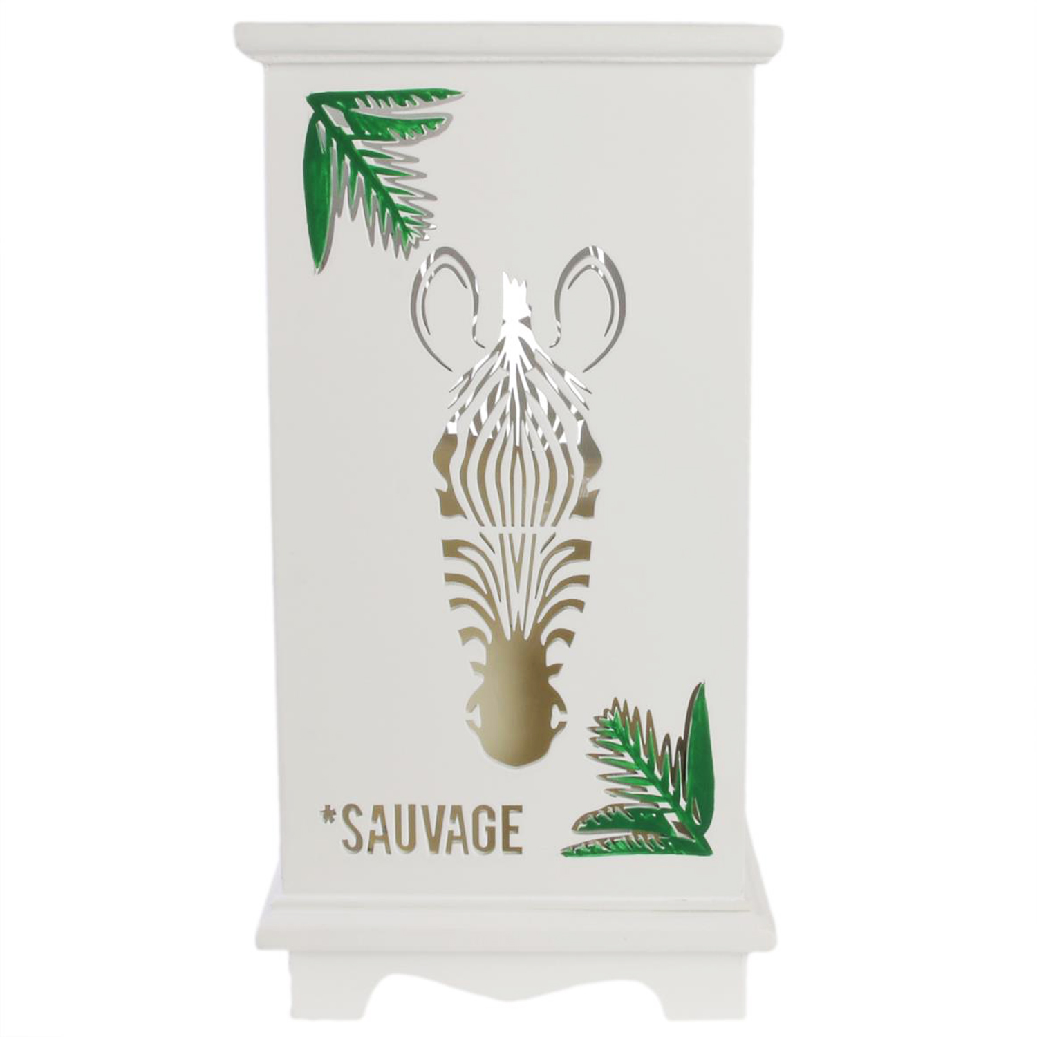 Photophore bois bougie led \'Tropical\' blanc vert (zèbre - sauvage) - 23x15x125 cm - [Q7704]