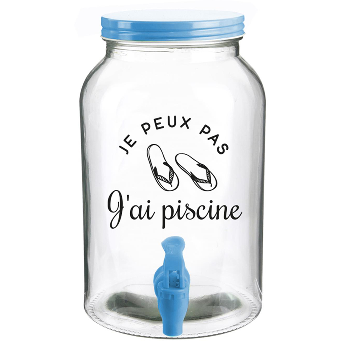 Fontaine mason jar verre \'Messages\' bleu (Je peux pas, j\'ai piscine) - 26x16 cm (35 L) - [Q7741]