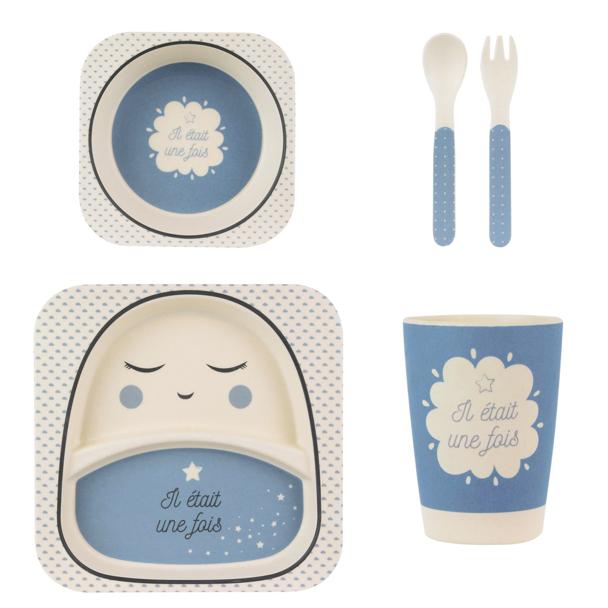 Set repas enfant bambou \'Il Etait Une Fois\' bleu - (5 pièces) - [Q7765]