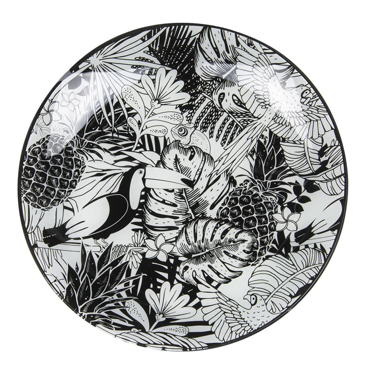 Plateau coupelle verre \'Tropical\' noir blanc (toucan - ananas) - 31 cm - [Q7995]