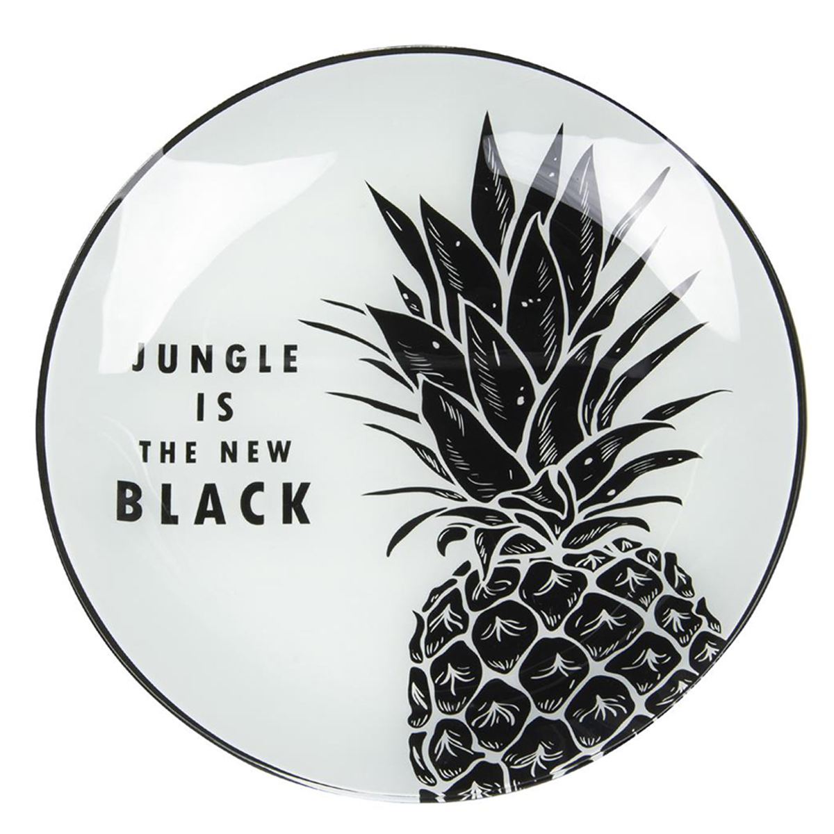Plateau coupelle verre \'Tropical\' noir blanc (ananas - jungle is the new black) - 31 cm - [Q7996]