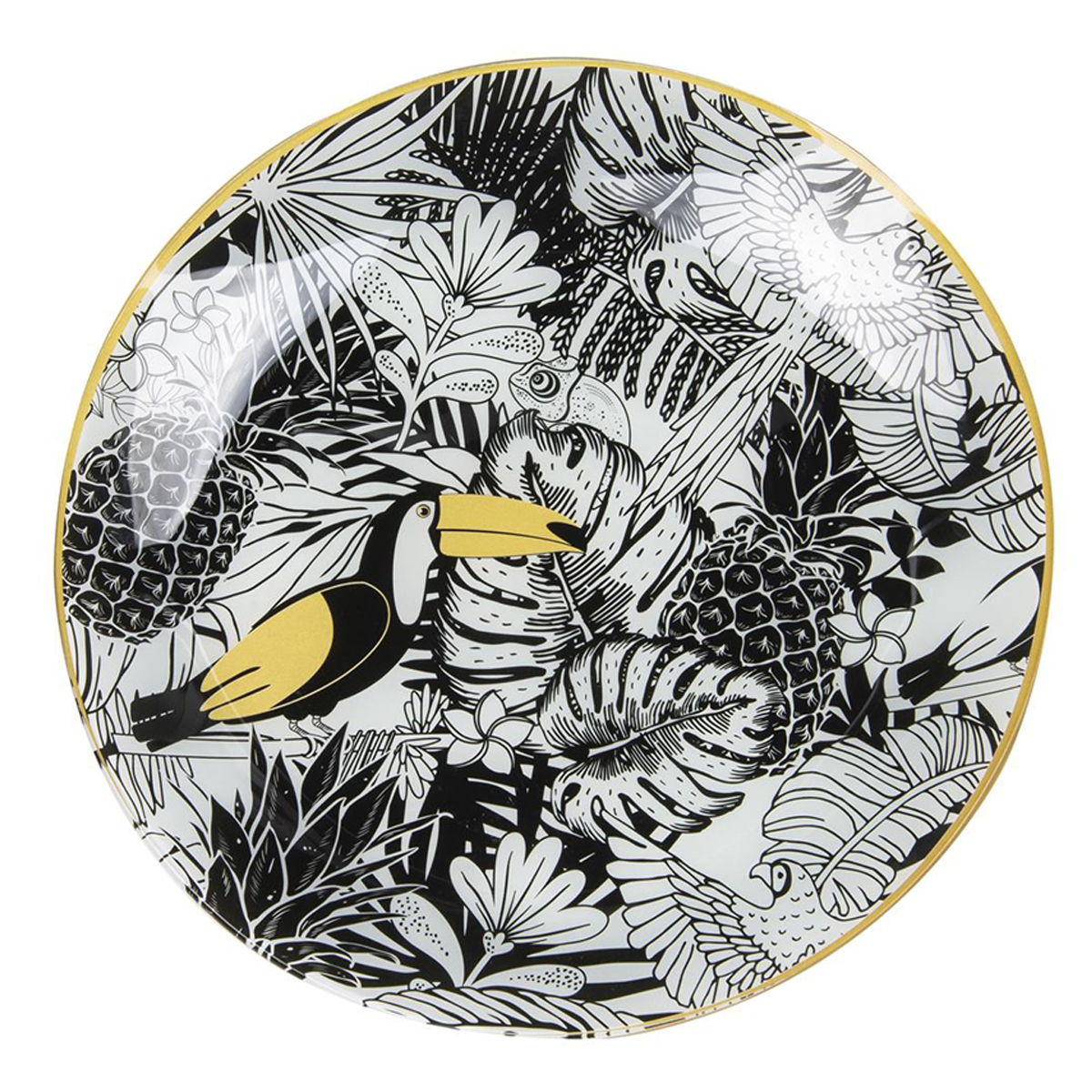 Plateau coupelle verre \'Tropical\' noir blanc doré (toucan - ananas) - 31 cm - [Q7997]
