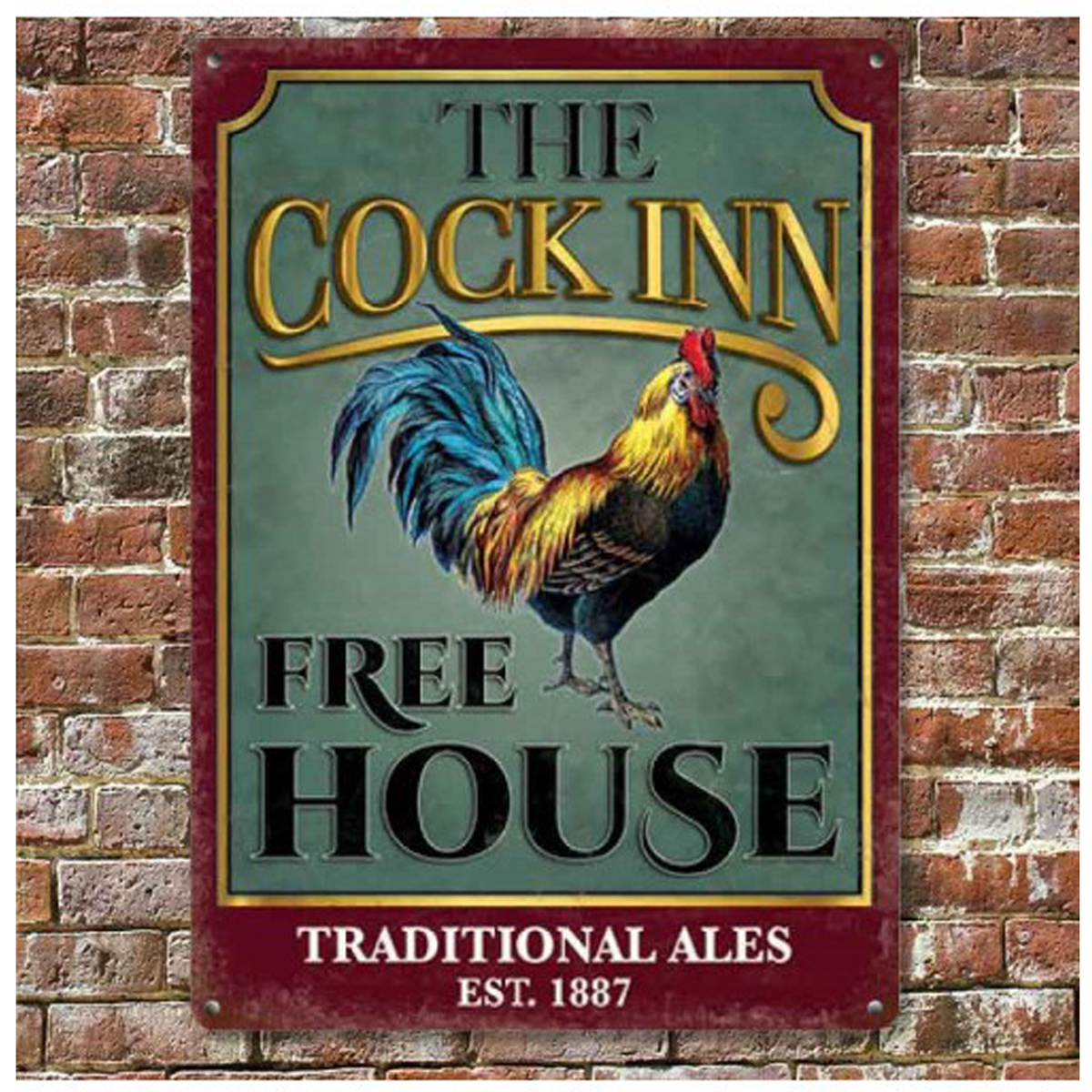 Plaque métal rétro \'The Cock Inn\' (free house) - 20x15 cm - [Q9196]