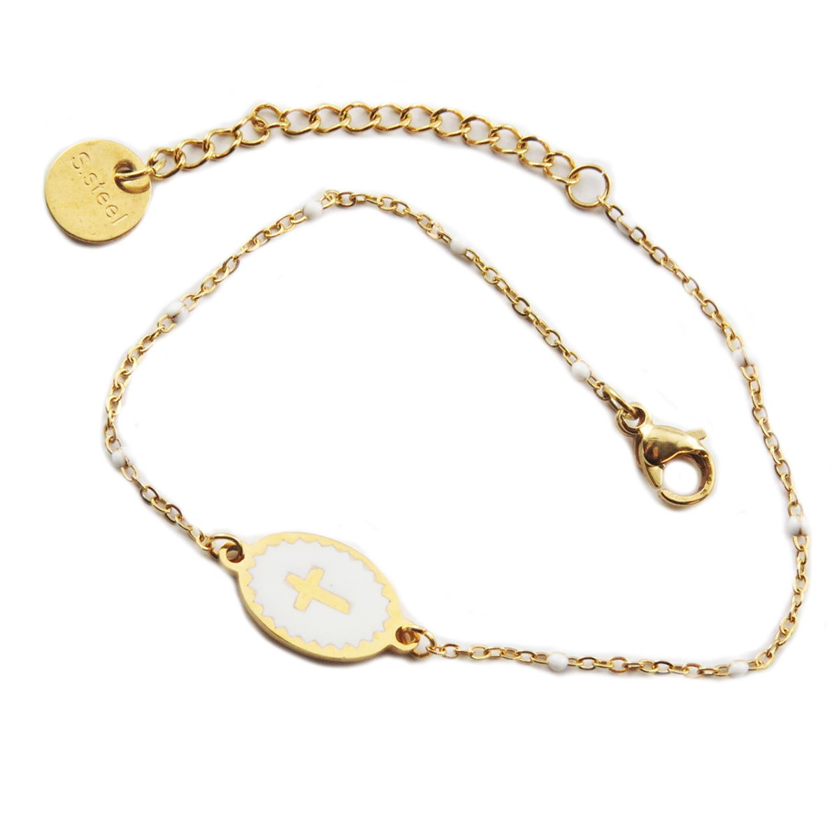 Bracelet créateur Acier \'Croix\' blanc doré - 12x9 mm - [R0078]