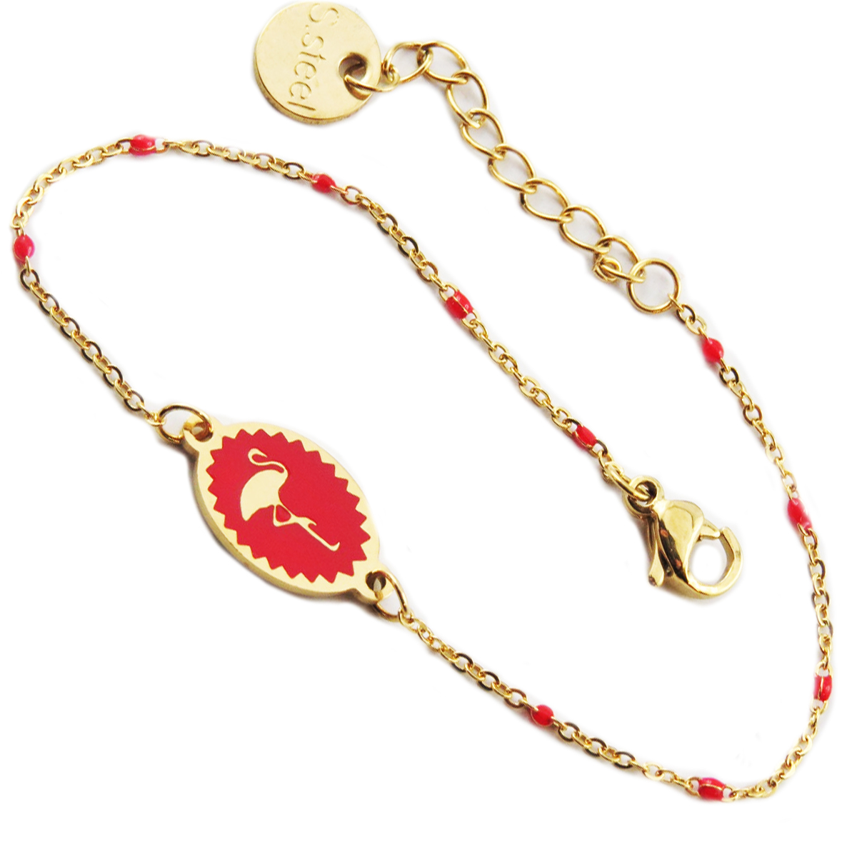 Bracelet créateur Acier \'Flamant Rose\' rouge doré - 12x9 mm - [R0099]