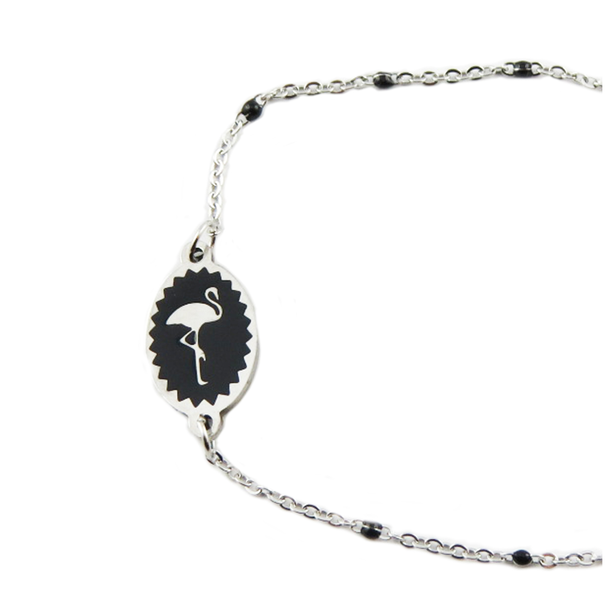 Bracelet créateur Acier \'Flamant Rose\' noir argenté - 12x9 mm - [R0107]