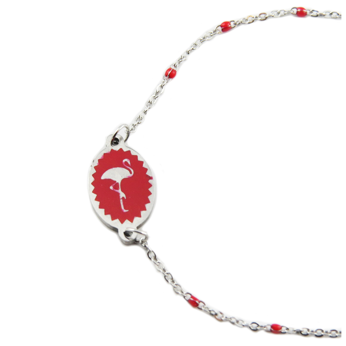 Bracelet créateur Acier \'Flamant Rose\' rouge argenté - 12x9 mm - [R0108]