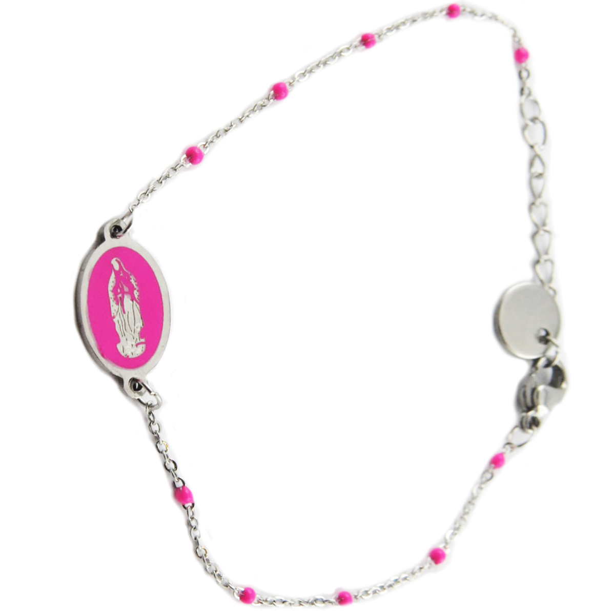 Bracelet créateur Acier \'Vierge Marie\' rose fuschia argenté - 12x9 mm - [R0123]