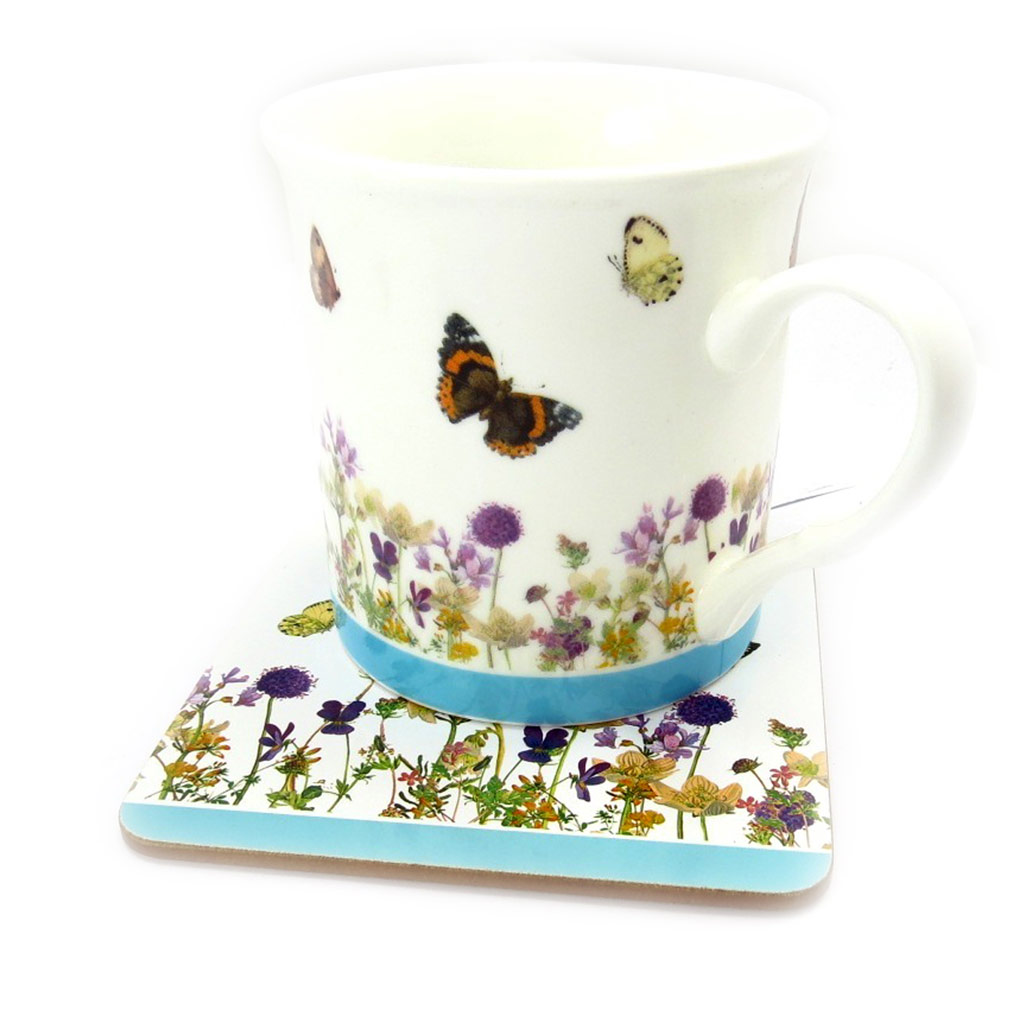 Coffret Mug porcelaine \'Papillons Romantiques\' ( + sous bock) - 95x80 mm - [R2156]