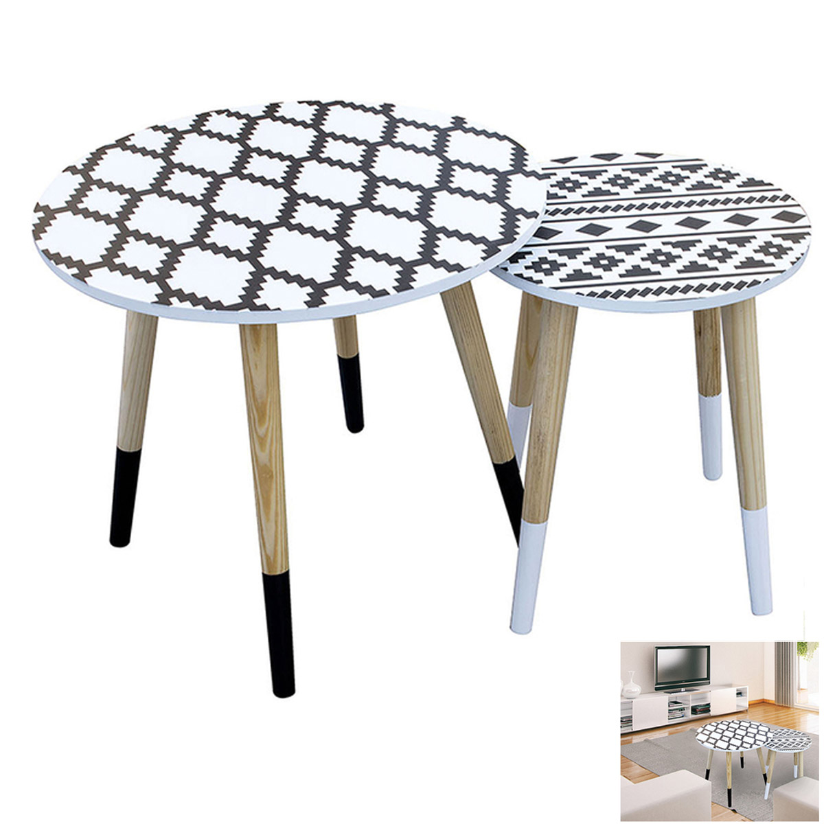 2 tables gigognes bois \'Boho\' noir blanc - 48 et 33 cm - [R2396]