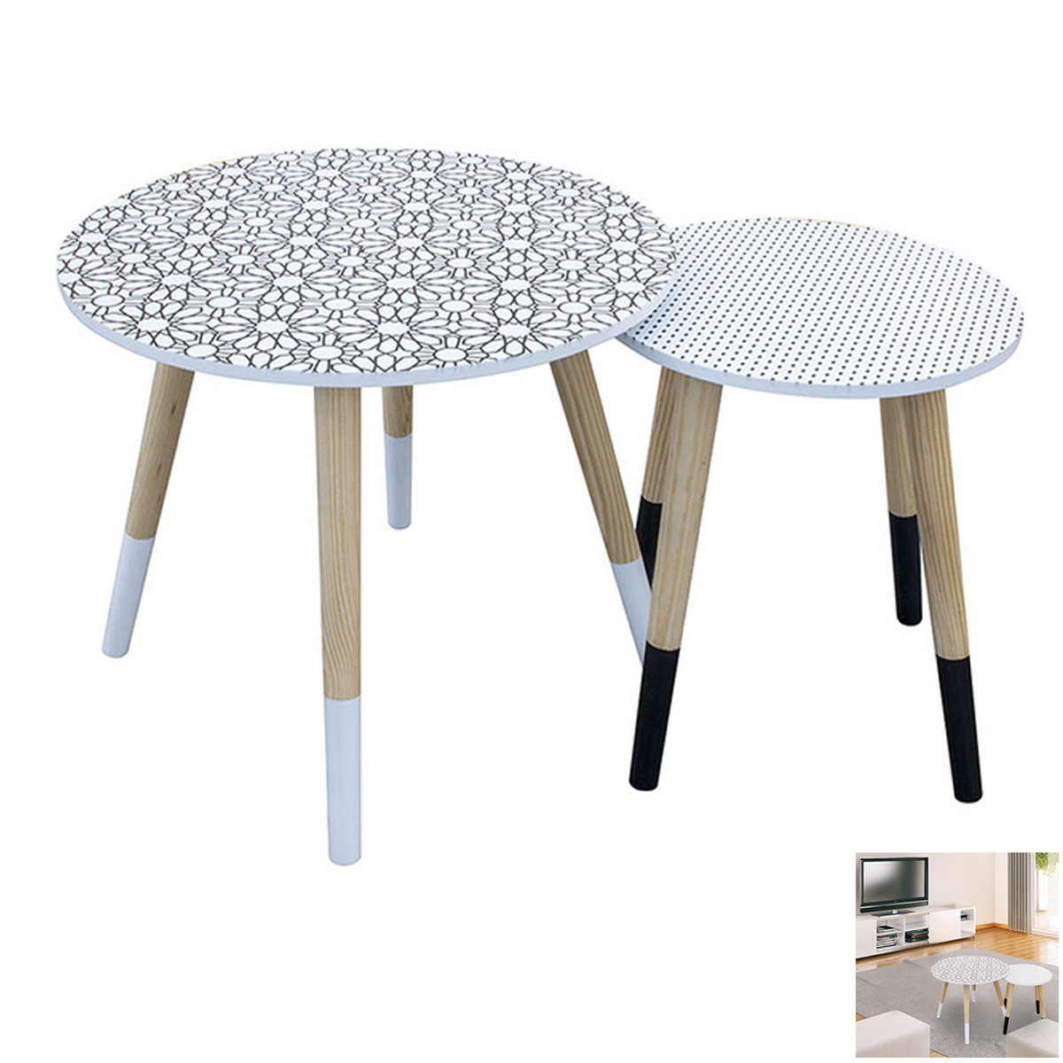 2 tables gigognes bois \'Boho\' blanc noir  - 48 et 33 cm - [R2397]