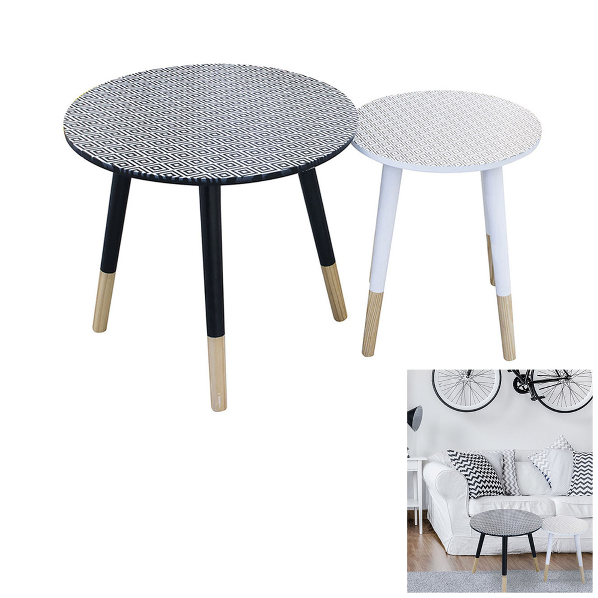 2 tables gigognes bois \'Boho\' noir blanc - 48 et 33 cm - [R2398]