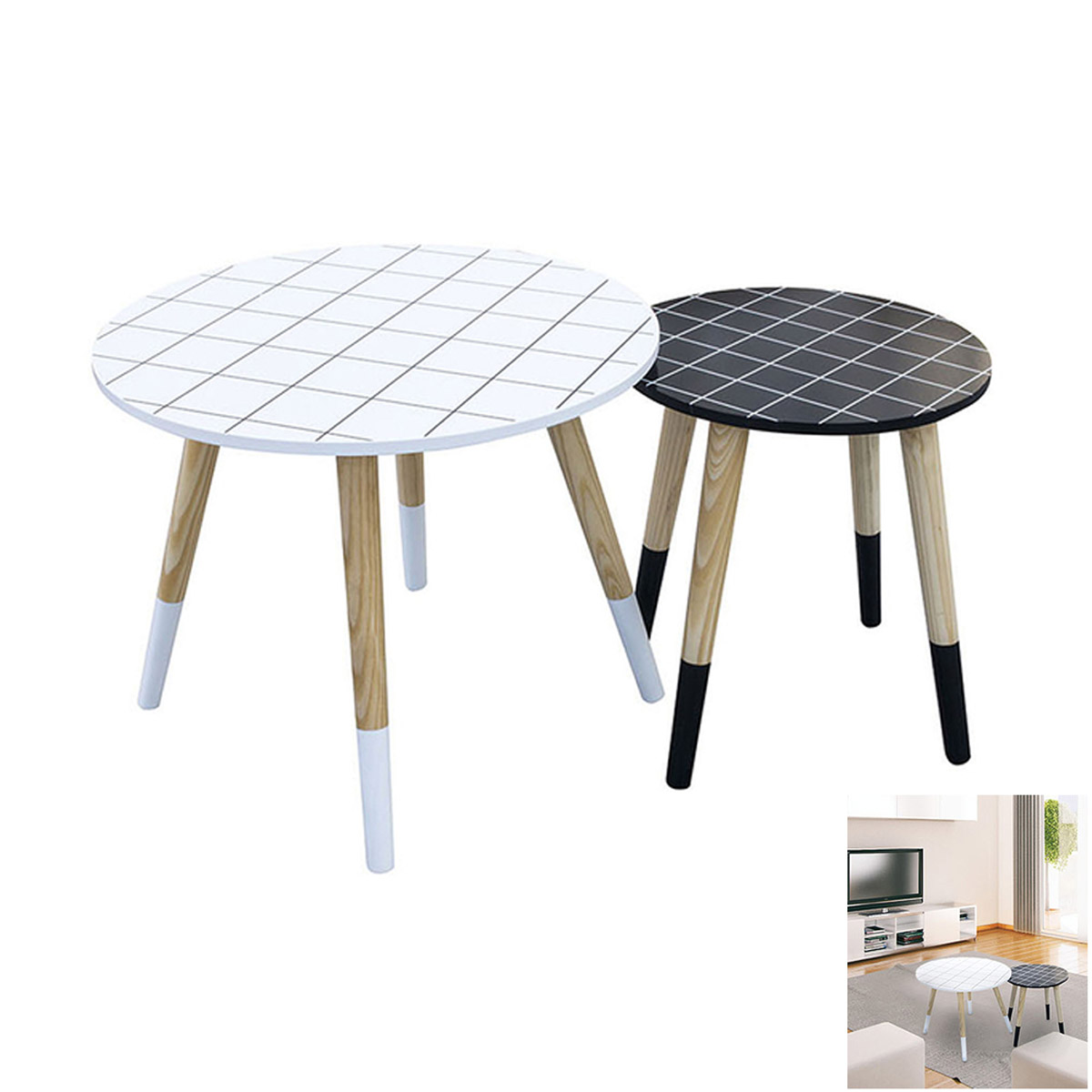 2 tables gigognes bois \'Boho\' noir blanc - 48 et 33 cm - [R2399]