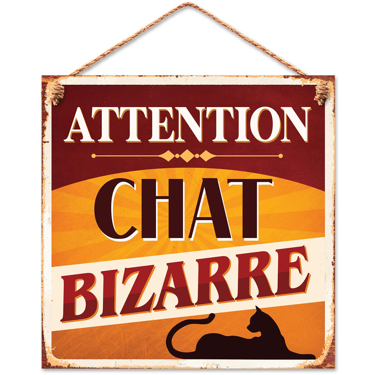 Plaque métal \'Attention Chat Bizarre\' orange - 20x20 cm - [R3537]