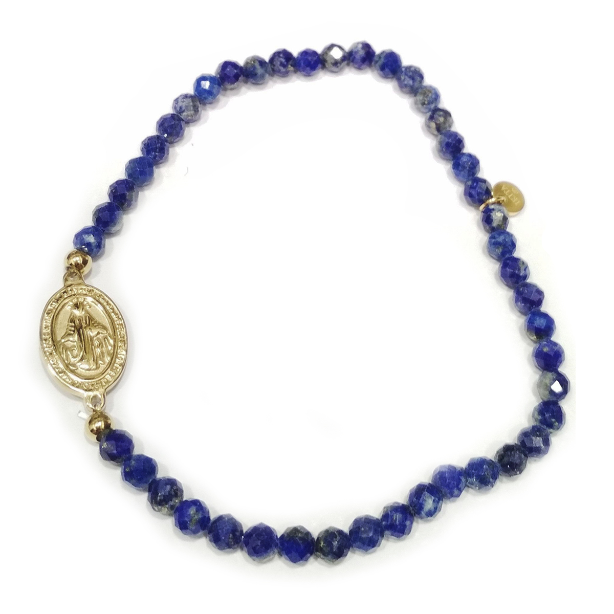 Bracelet créateur Acier \'Vierge Marie\' bleu doré (lapis lazuli) - perles 3 mm, 12x9 mm - [R4362]