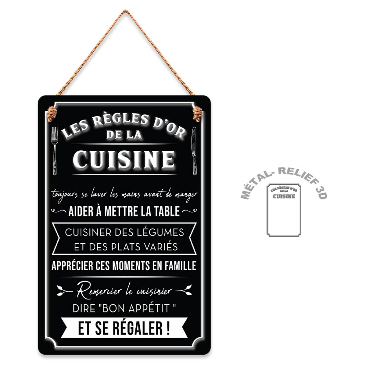 Plaque métal 'Les règles d'or de la Cuisine' noir - 30x20 cm - [R5067]