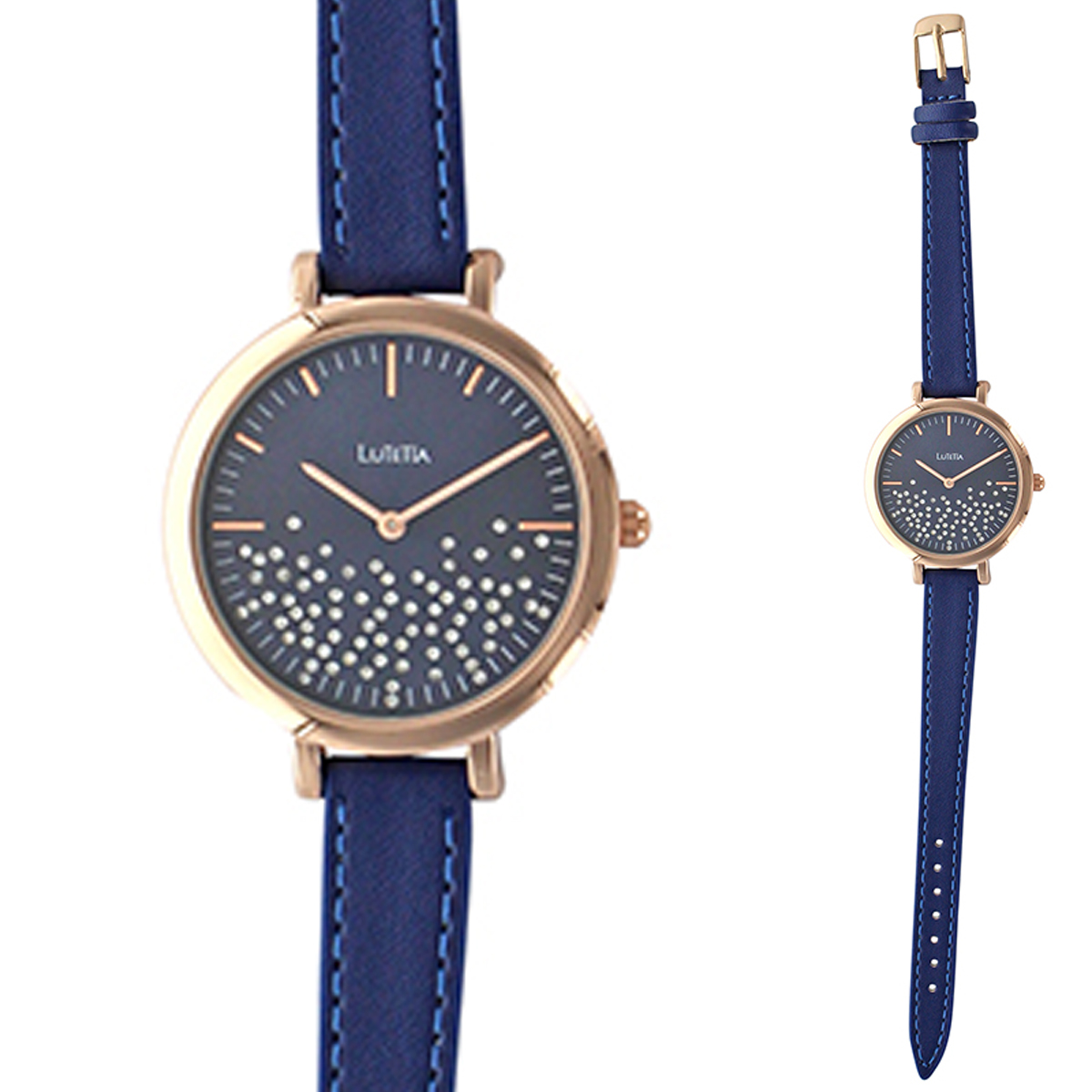 Montre créateur cuir \'Lutetia\' bleu rosé (strass) - 38 mm - [R5423]