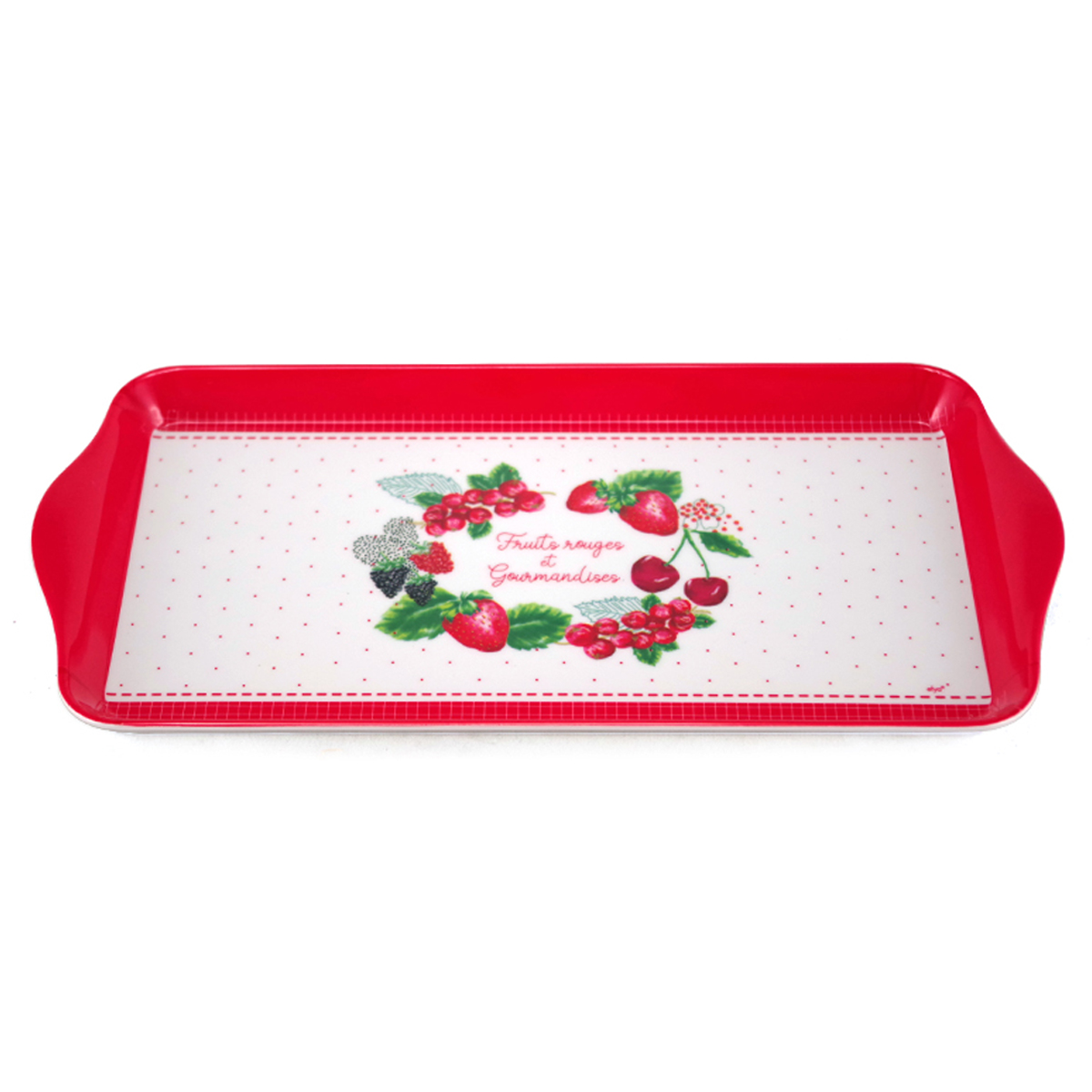 Plateau à cake mélamine \'Fruits Rouges et Gourmandises\' rouge blanc - 30x15 cm - [R6531]