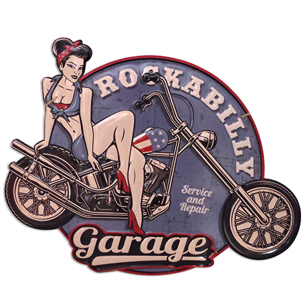 Plaque métal rétro 'Rockabilly Garage' gris vintage - 60x46 m - [R6619]