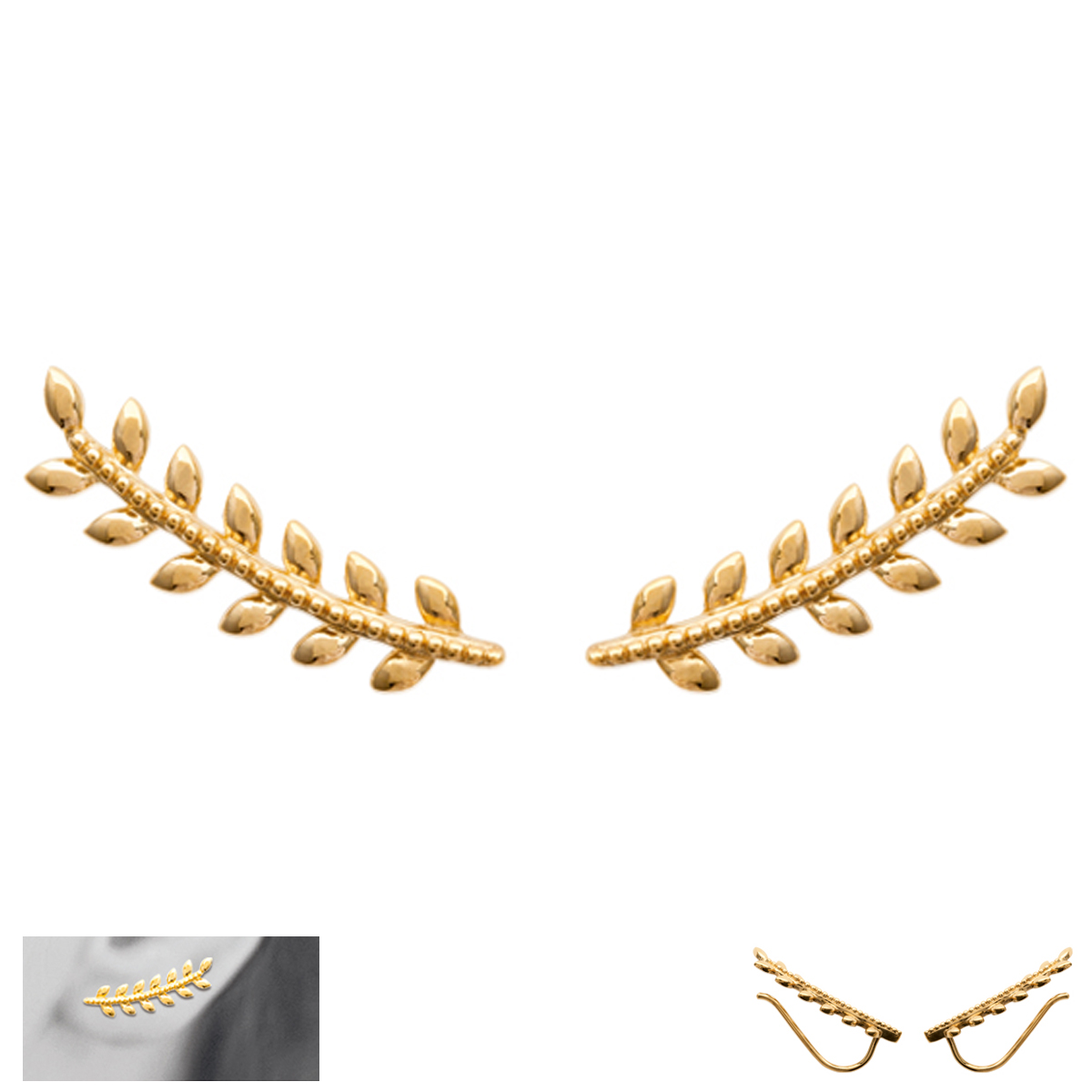 Boucles contours d\'oreilles plaqué or \'Epi de blé\' doré - 23x6 mm - [M9963]