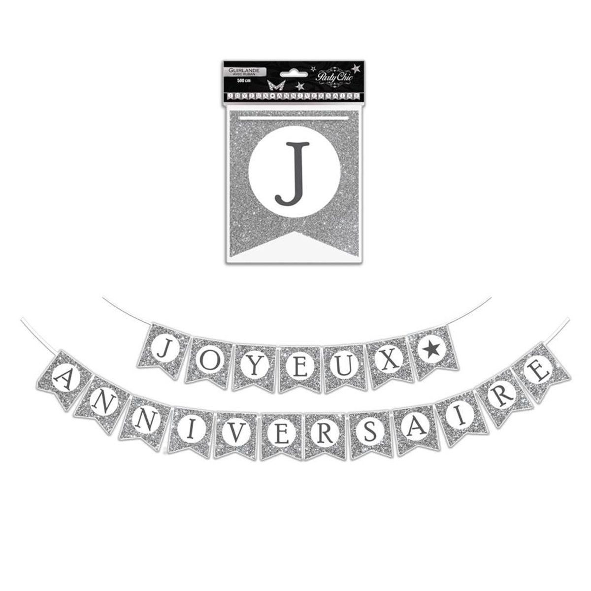 Guirlande \'Joyeux Anniversaire\' gris argenté - 5 m 19 fanions - [P8528]