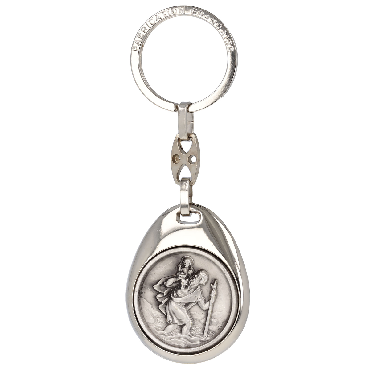 Porte-clés artisanal \'Saint Christophe\' argenté - 40x40 mm - [Q2634]