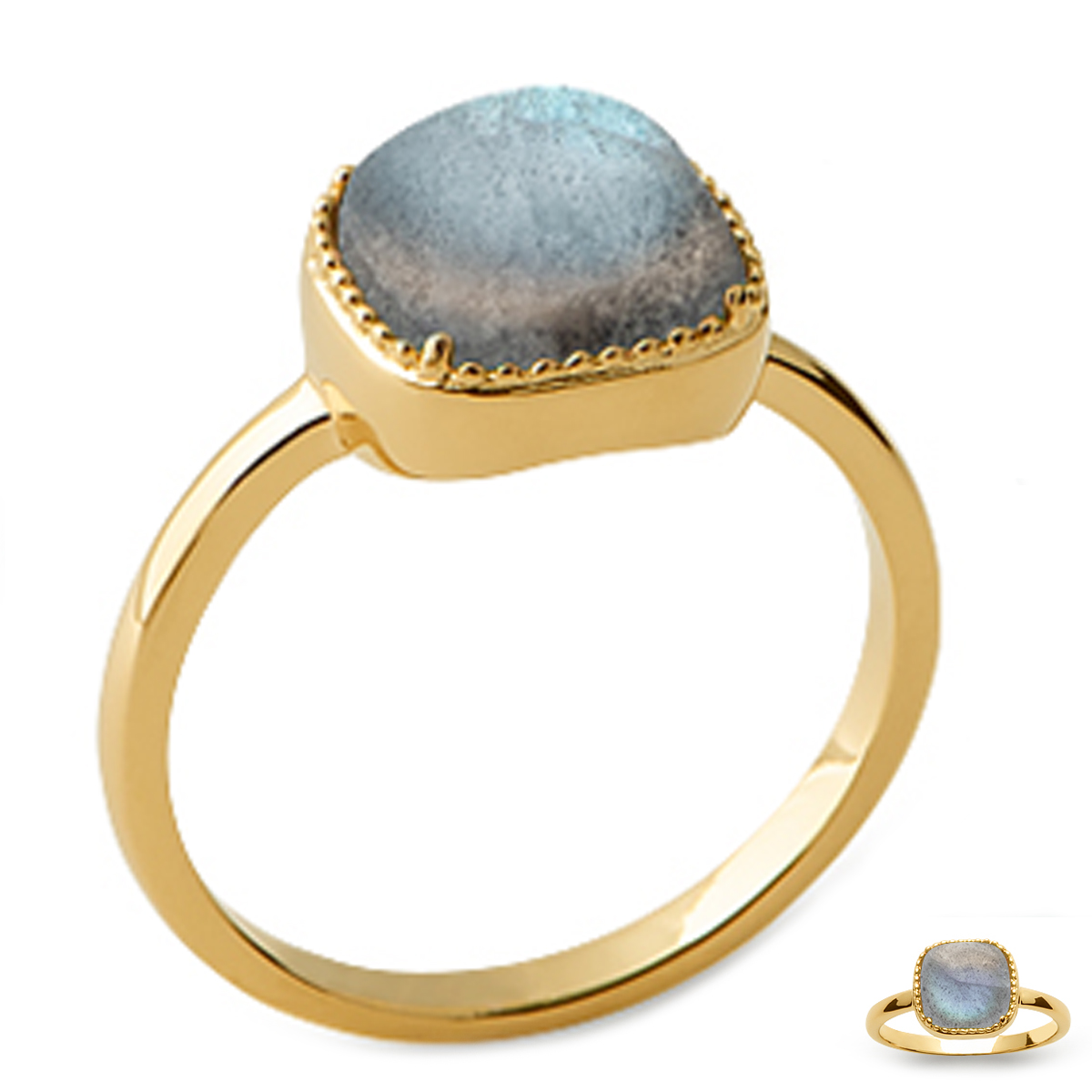 Bague Plaqué Or \'Cleopatra\' labradorite doré - 10x10 mm - [Q4948]