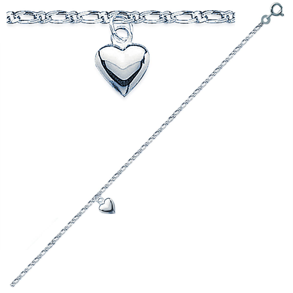 Chaîne Cheville Argent \'Coeur\' argenté (rhodié) - 25 cm 8x8 mm - [Q8409]