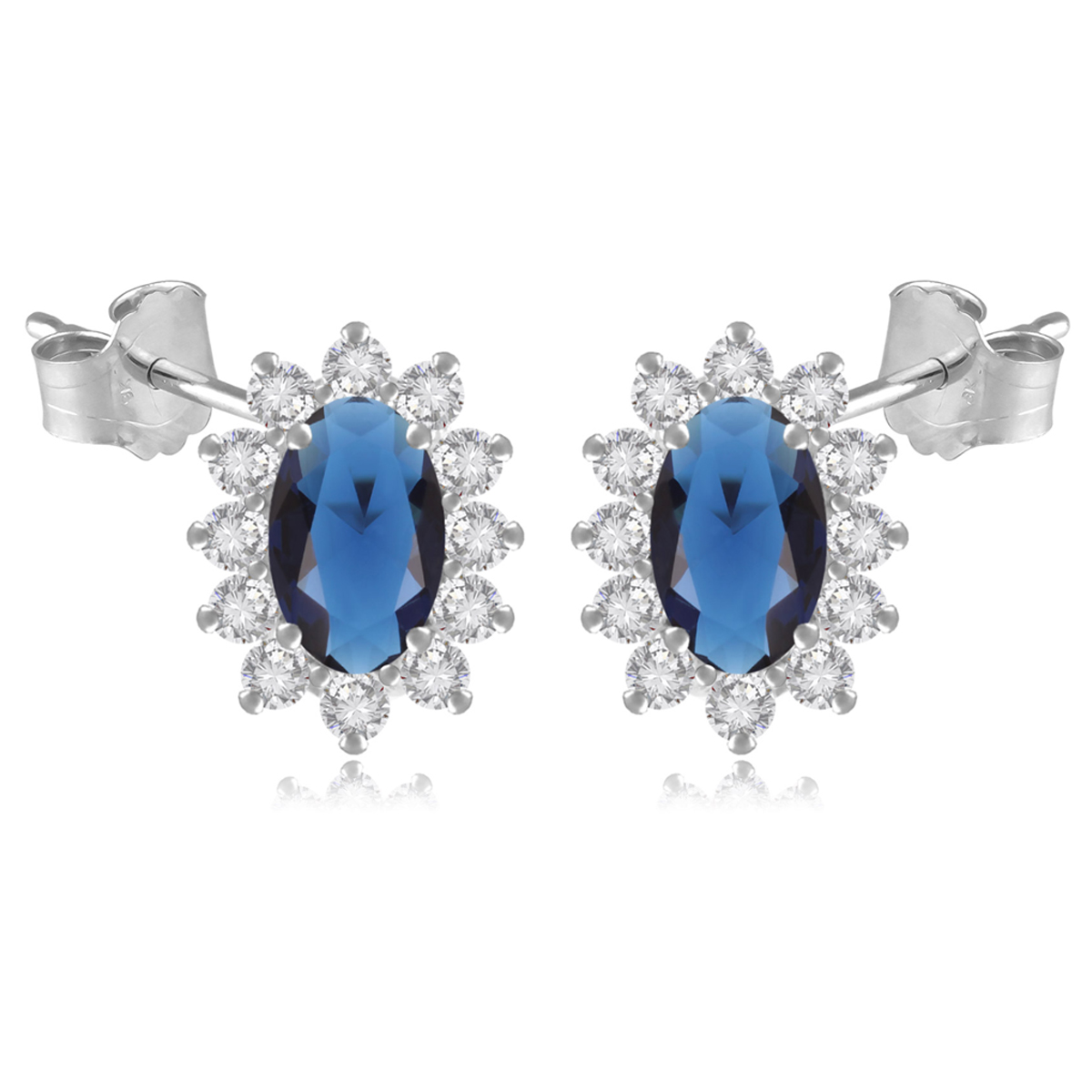 Boucles Argent \'Victorina\' bleu saphir blanc argenté (rhodié) - 10x8 mm - [Q8854]