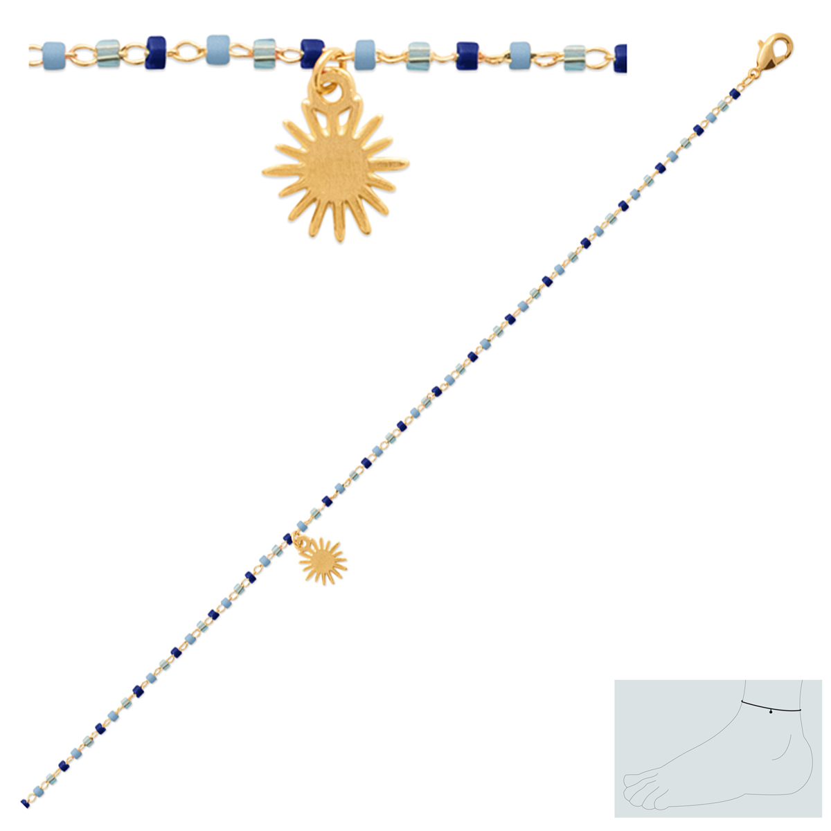 Chaîne Cheville plaqué or \'Soleil\' bleu doré - 25 cm 9 mm - [R3545]