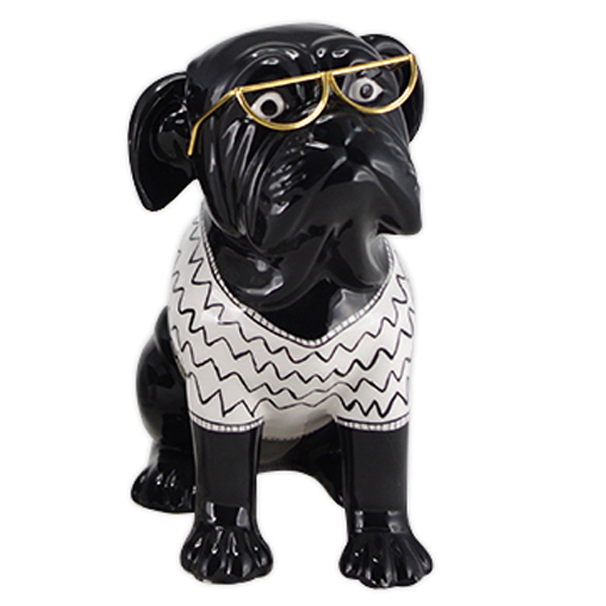 Figurine céramique \'Bulldog Anglais\' noir blanc (lunettes) - 12x11x8 cm - [R7102]