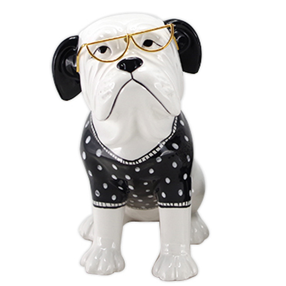 Figurine céramique \'Bulldog Anglais\' blanc noir (lunettes) - 16x14x10 cm - [R7103]