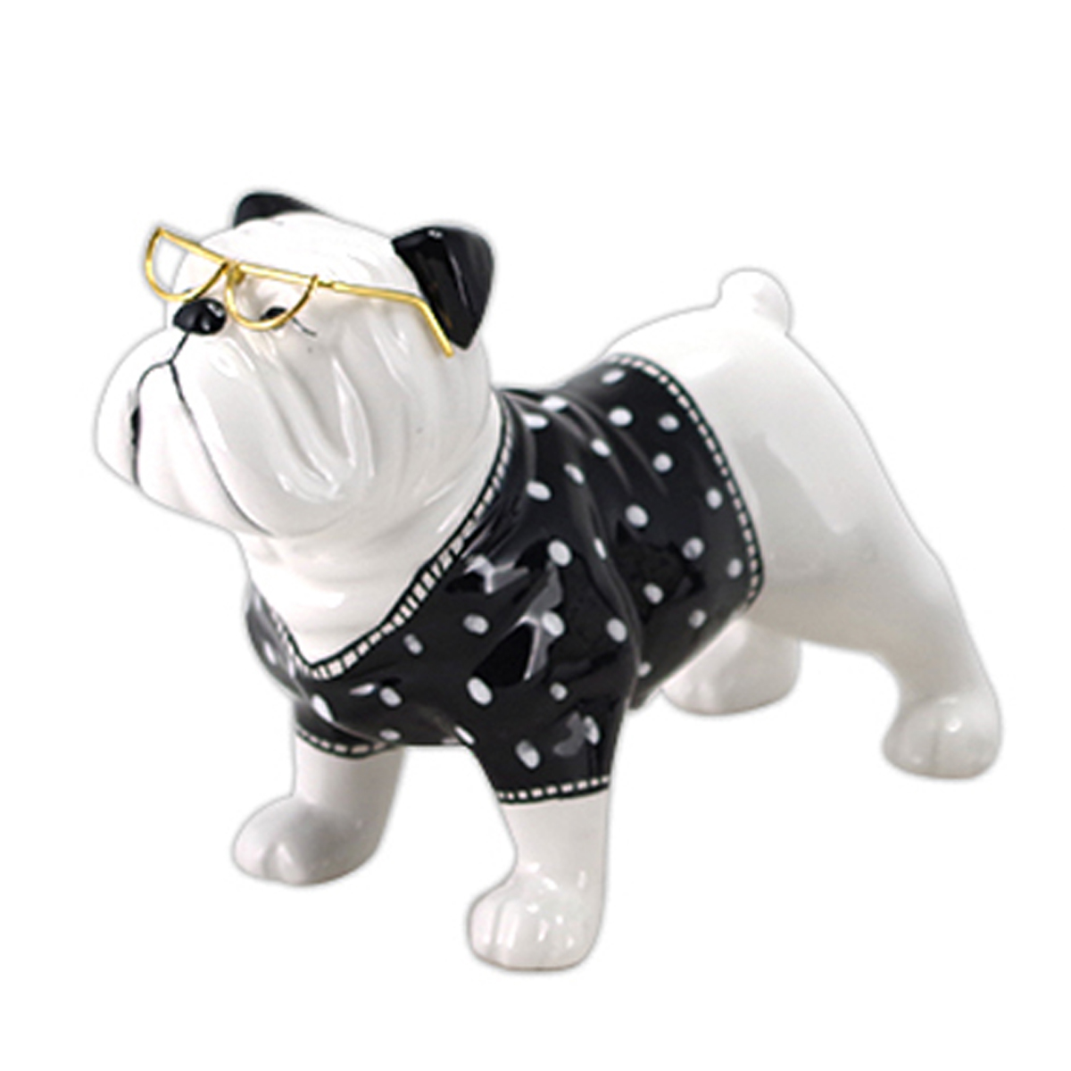 Figurine céramique \'Bulldog Anglais\' blanc noir (lunettes) - 15x11x7 cm - [R7105]