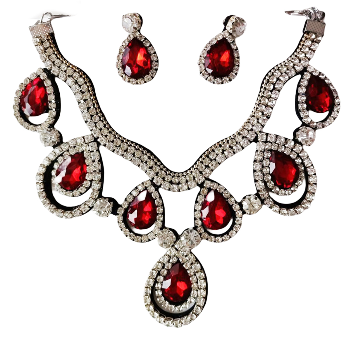 Parure créateur \'Sissi\' rouge blanc (collier + boucles) -  motif 15x14 cm - [R7358]