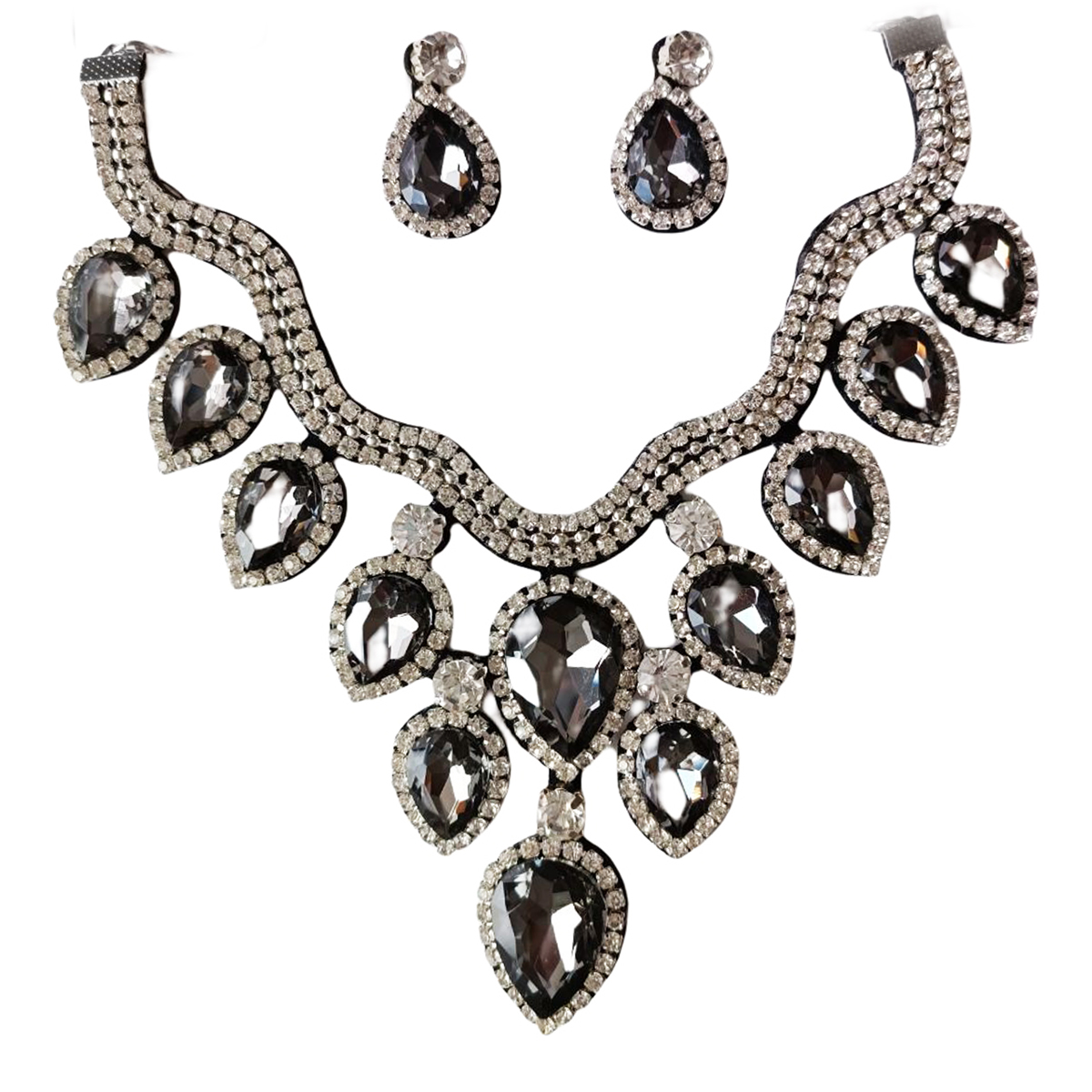 Parure créateur \'Sissi\' gris blanc (collier + boucles) -  motif 16x15 cm - [R7360]