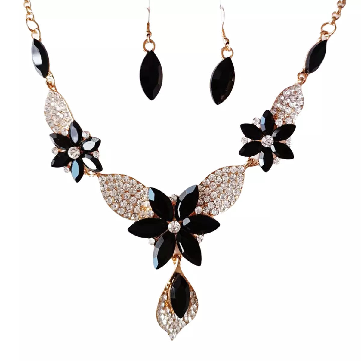 les trésors de lily Parure créateur 'Sissi' noir blanc (collier + boucles) motif 12x5 cm [R7366]