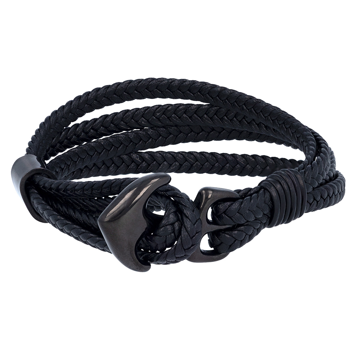 Bracelet cuir acier \'Ancre Marine\' noir - 21 cm, 30x20 mm - [R7439]