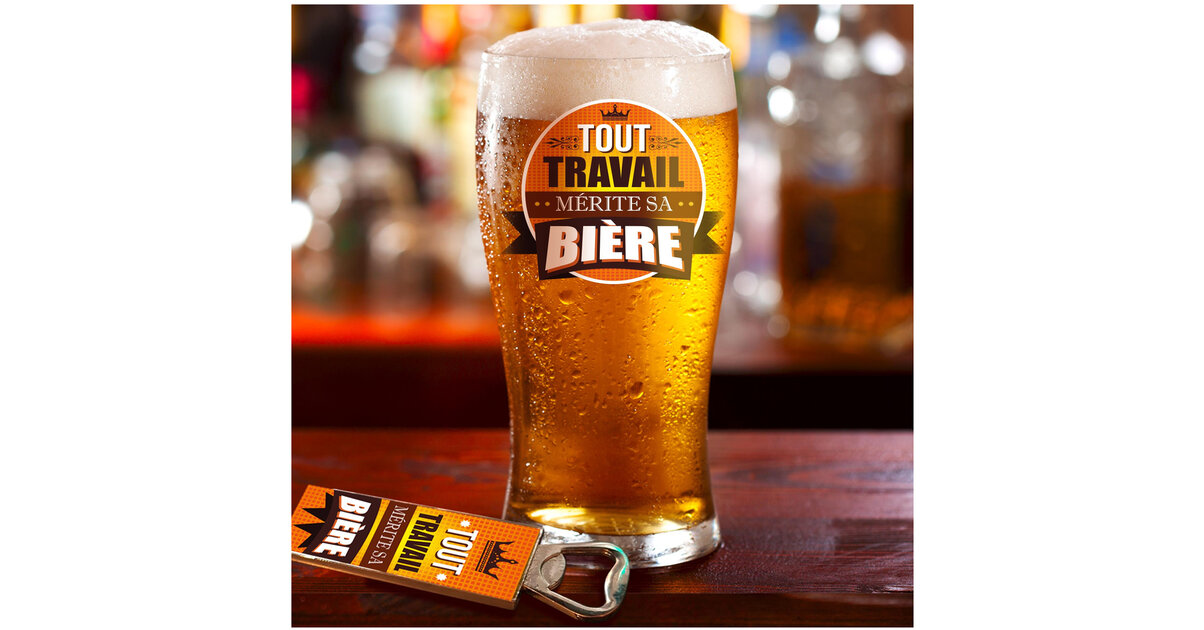 Ouvre-bouteille Gravé 'Tout Travail Mérite Sa Bière' - Cadeau Humour Pour Homme - Bois Et Acier Inoxydable