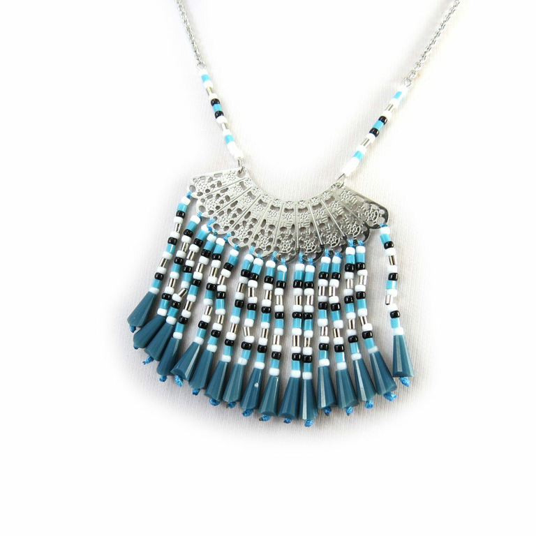Collier Fantaisie Bleu Turquoise, Argenté Et Blanc - Fleur, Pour Mariage Ou Soirée