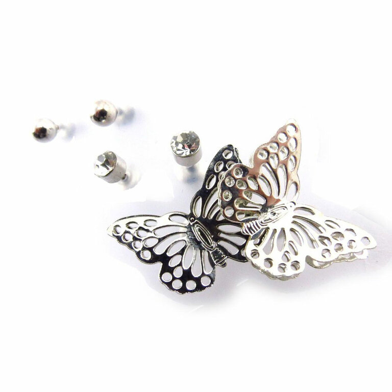 Boucles D'oreilles Papillons - Turquoise Naturelle Et Strass - Métal Argenté Sans Nickel - Neuf Avec étiquettes