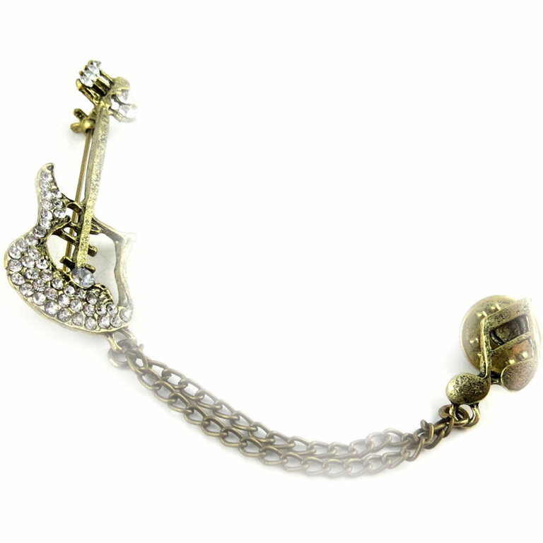 Broche Guitare Avec Breloques - Métal Doré (Or De Tolède), Vintage, Poids 7gr Environ