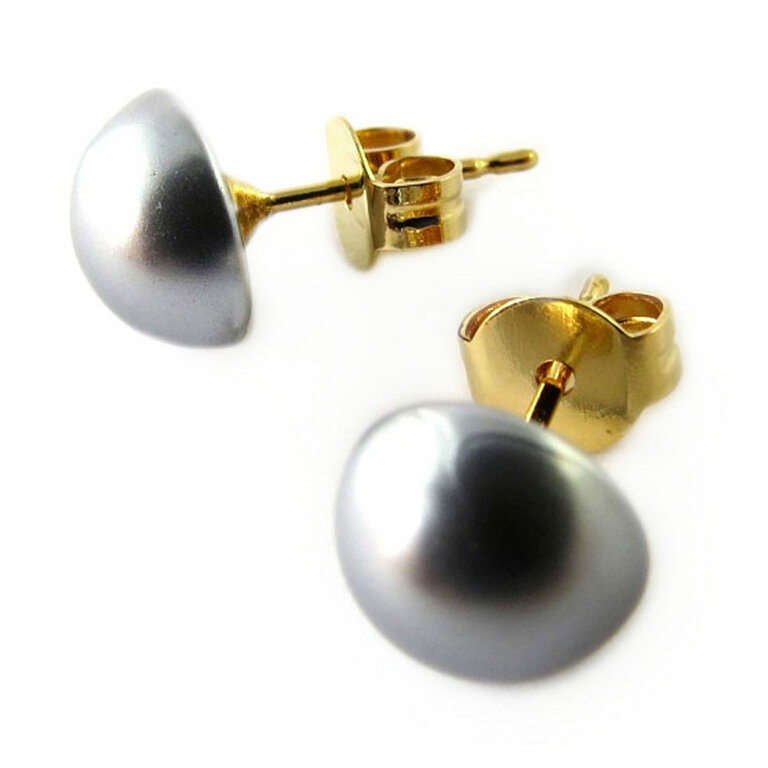 Boucles D'oreilles Clous Puces - Demi-perles Grises, Plaqué Or 18 Carats, Neuf