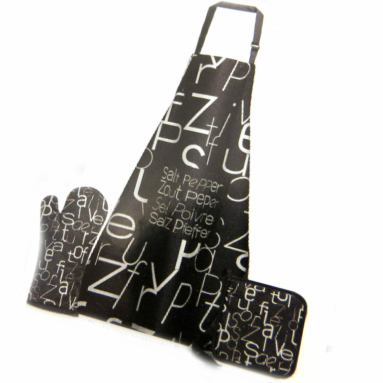 Coffret tablier 'Poivre et Sel' noir (tablier + manique + gant) - [N1273