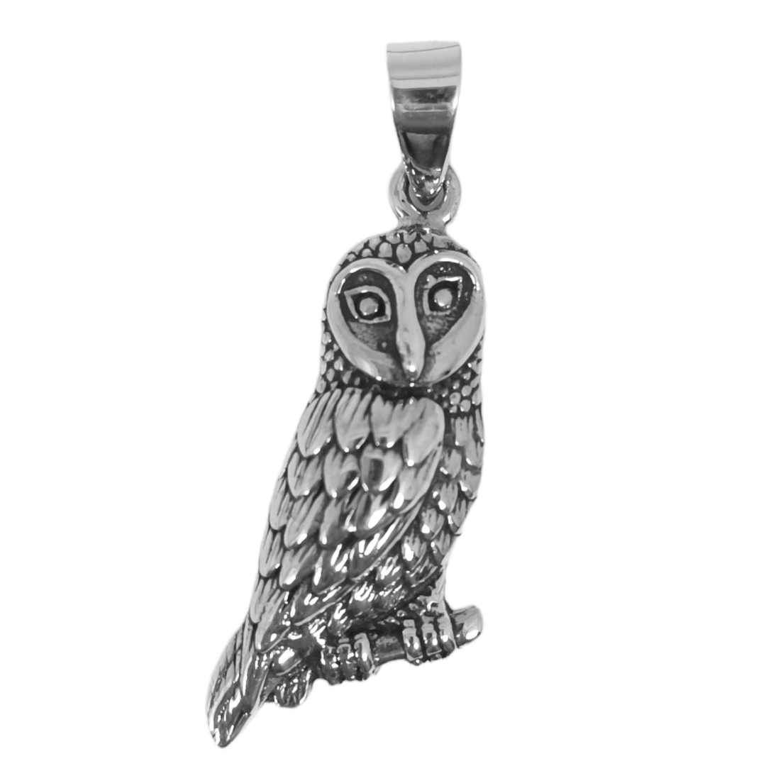 Pendentif Argent 925 "Chouette Sur Croissant De Lune" Avec Pierre De Lune Arc-en-Ciel - Bijou Fin