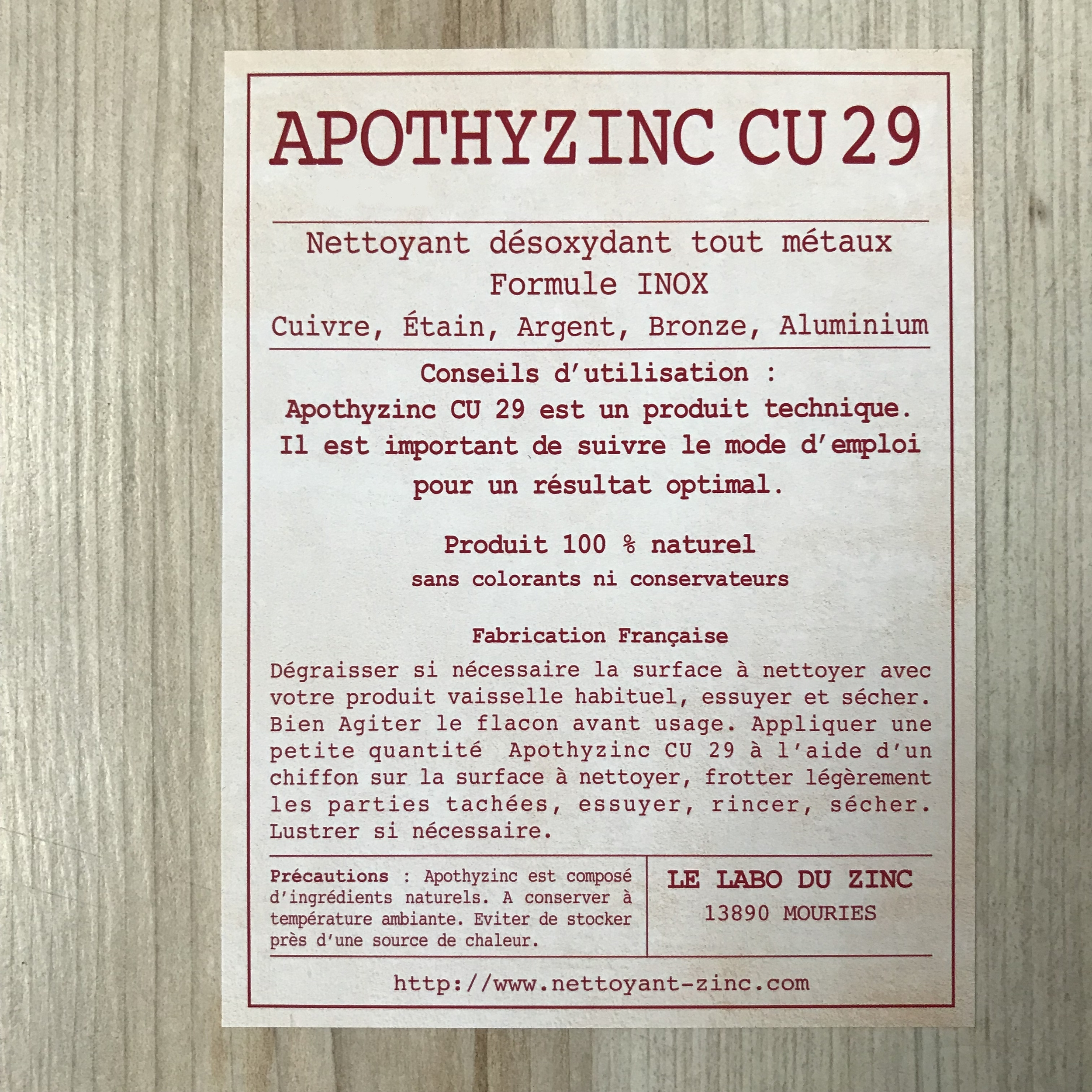 apothyzinc special cuivre produit naturel pour le nettoyage des metaux