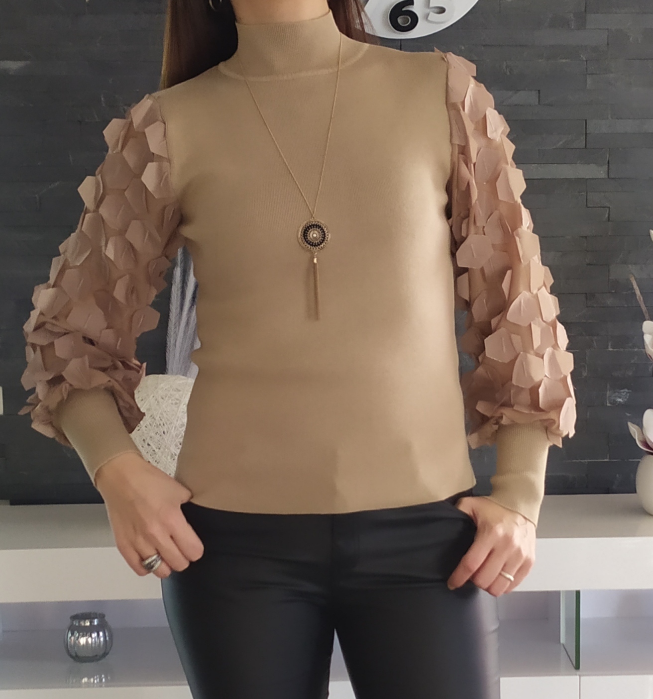 pull manches bouffantes taupe tendance